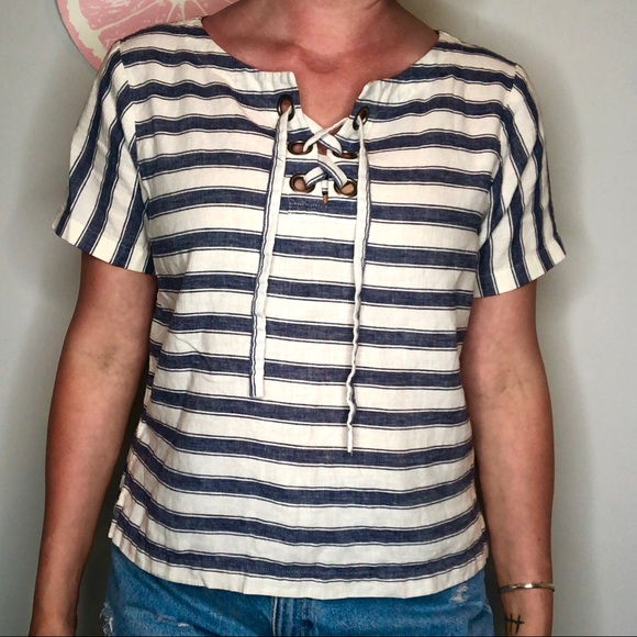 Madewell top grommet lace up blue stripe medium - Picture 1 of 8